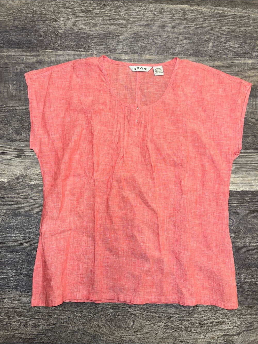 Orvis 100% Linen Coral Split Neck Button Top Medium